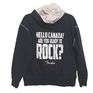 Fender Hoodie Mens Sz M Black Music Guitar Drawstring Hello Canada Ready To Rock